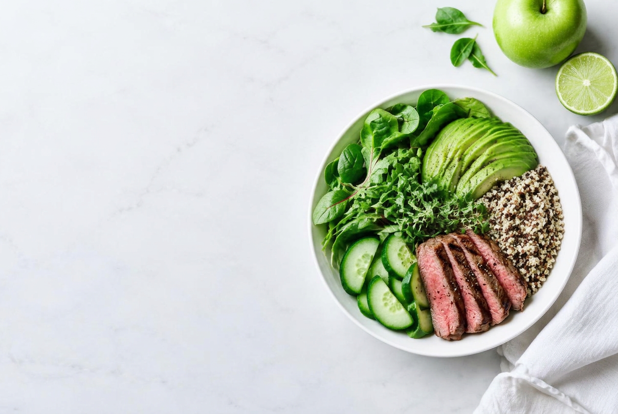 Fresh greens, avocado, quinoa and sliced lean beef on a white plate